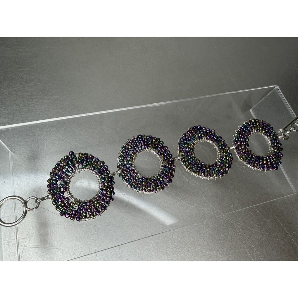 Purple Glam Seed Bead Silver Toggle Wire Bracelet Adjustable Boho